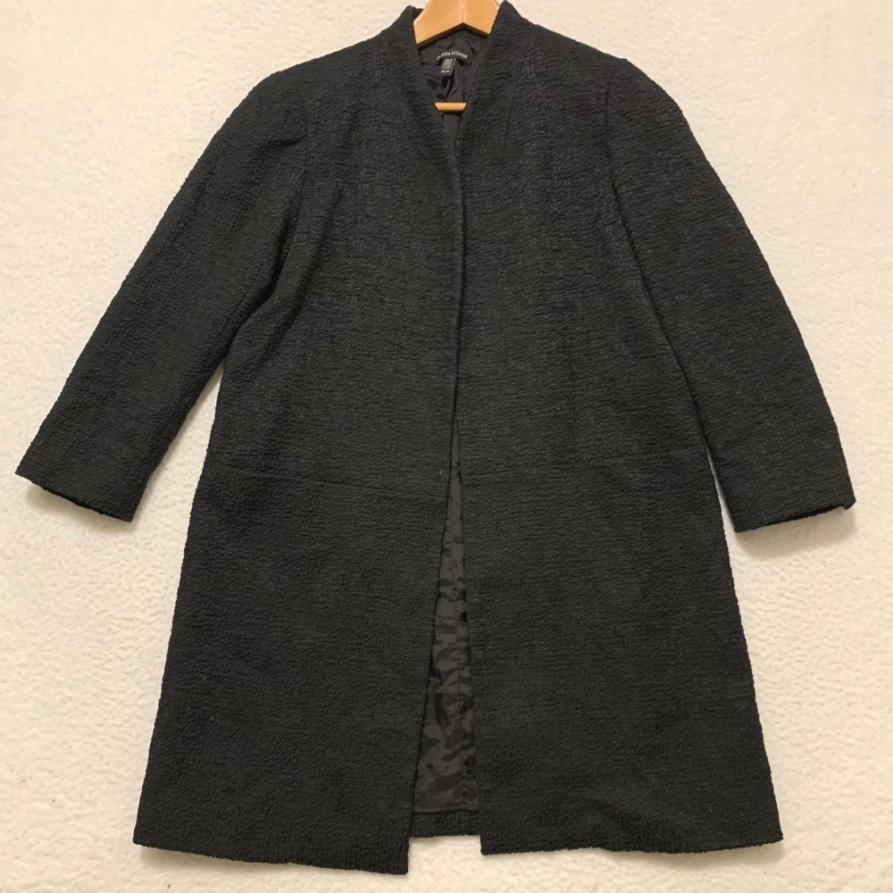 Eileen Fisher Open Front Long Coat Womens XS Organic Cotton Boucle Black R16PJC